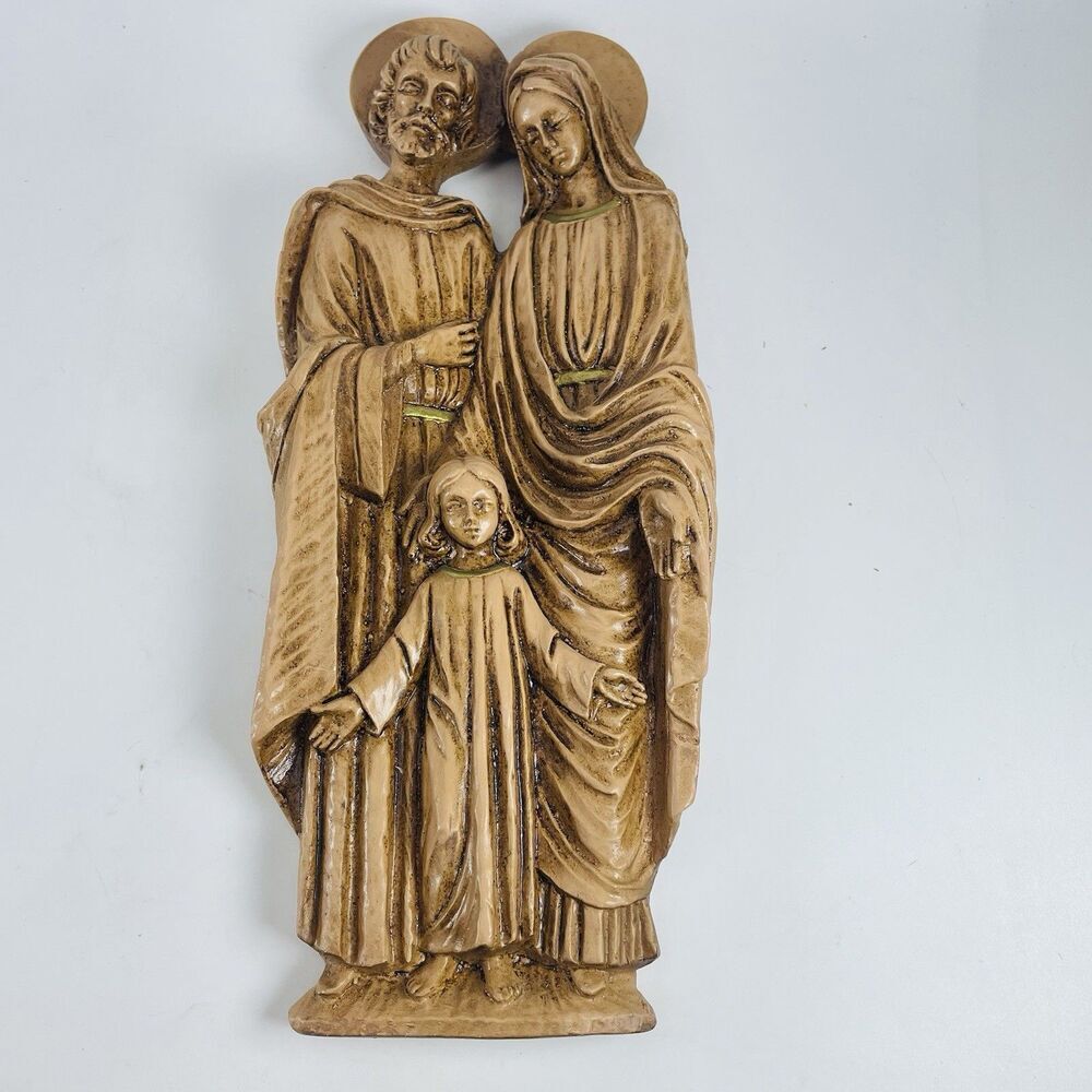 Holy Family Hanging Wall Sculpture 12" Brown Jesus Mary Joseph VTG Chalkware